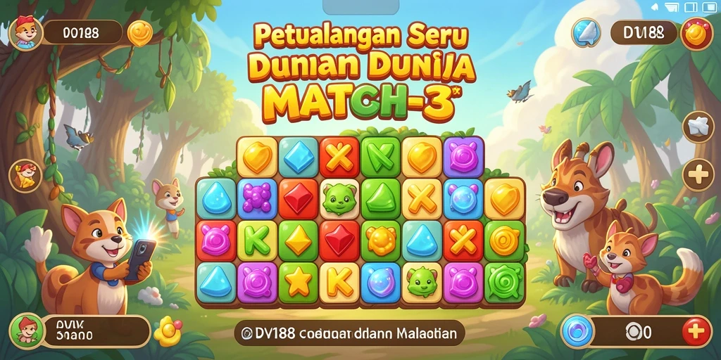 Screenshot gameplay match-3 dengan elemen berwarna-warni dan tantangan menarik.