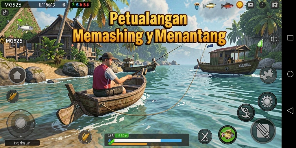 Screenshot gameplay MG525 menampilkan aksi memancing yang menegangkan.