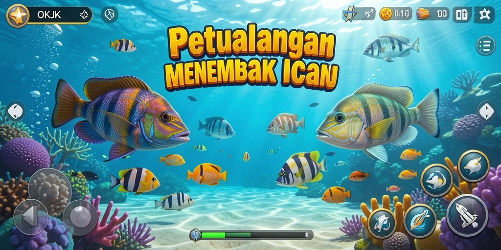 Tampilan gameplay yang seru dari OKJK, menembak ikan dengan beragam senjata.