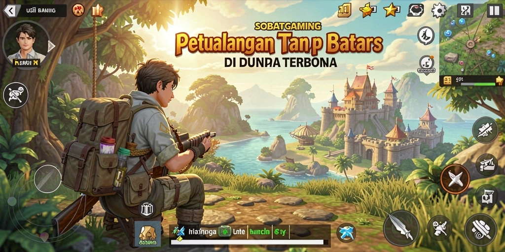 Screenshot menunjukkan petualangan epik di dunia terbuka.