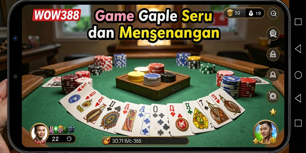 Screenshot utama WOW388 menampilkan gameplay seru Gaple di ponsel.